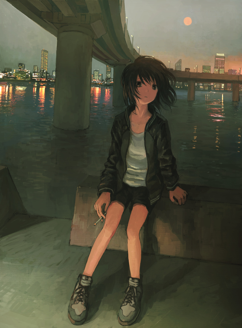 arm_support bare_legs bay black_eyes black_hair black_jacket black_shorts building cigarette city city_lights cityscape closed_mouth commentary_request expressionless female full_body full_moon grey_footwear highres highway holding holding_cigarette jacket long_sleeves looking_at_viewer moon open_clothes open_jacket original outdoors pier shirt shoes short_hair short_shorts shorts sitting sneakers solo tokunaga_akimasa water white_shirt