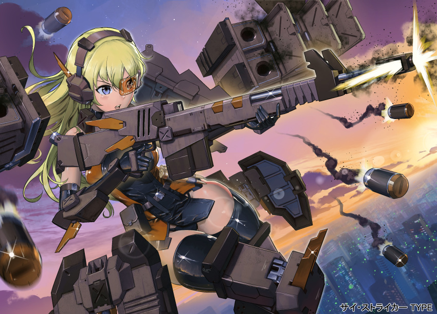 :o absurdres alice_gear_aegis belt black_gloves black_legwear blonde_hair blue_eyes breasts brown-tinted_eyewear bullet cityscape commentary dutch_angle elbow_gloves explosive female firing glint gloves goodotaku grenade gun headset highres holding holding_gun holding_weapon long_hair looking_to_the_side mechanical_legs medium_breasts midair pouch rocket_launcher scouter solo tinted_eyewear twilight virginia_glynnberets weapon