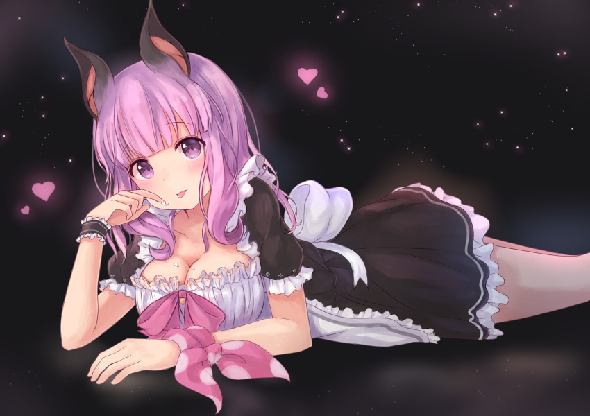 :p absurdres animal_ears animare apron bad_id bad_pixiv_id bat_ears black_background black_shirt black_skirt blunt_bangs blush bow bowtie breasts cleavage collarbone commentary_request female frilled_apron frilled_skirt frills heart highres large_breasts light_particles long_hair looking_at_viewer lying maid maid_apron maka_neko miniskirt nanashi_inc. on_stomach pink_bow pink_bowtie pink_hair pink_ribbon puffy_short_sleeves puffy_sleeves purple_eyes ribbon shirt short_sleeves sidelocks simple_background skirt solo thighs tongue tongue_out umori_hinako virtual_youtuber white_apron white_bow wrist_cuffs