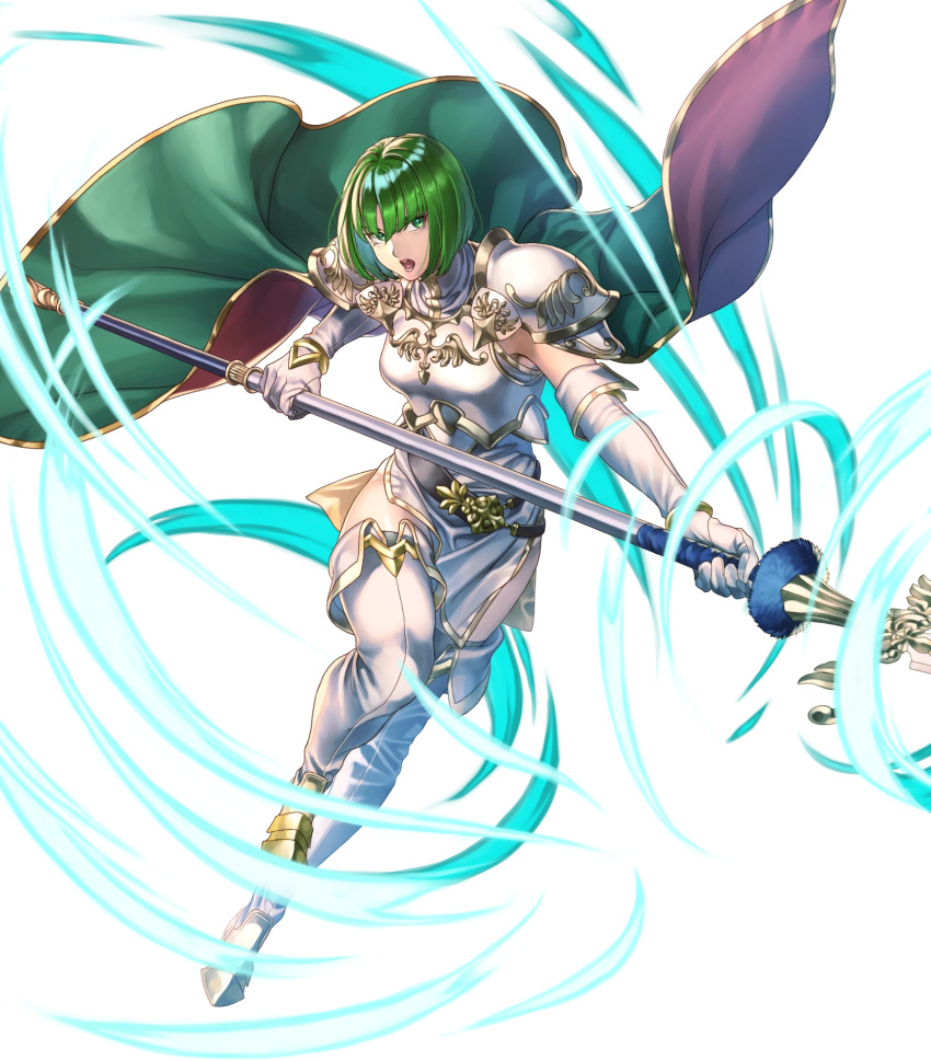 armor belt black_thighhighs boots breastplate dithorba_(fire_emblem) dress elbow_gloves female fire_emblem fire_emblem:_genealogy_of_the_holy_war fire_emblem_heroes full_body gloves gold_trim green_eyes green_hair high_heels highres holding holding_weapon leg_up non-web_source official_art open_mouth polearm short_dress short_hair shoulder_armor sleeveless solo spear thigh_boots thighhighs thighs transparent_background turtleneck weapon white_dress white_footwear white_gloves yoneko_okome zettai_ryouiki