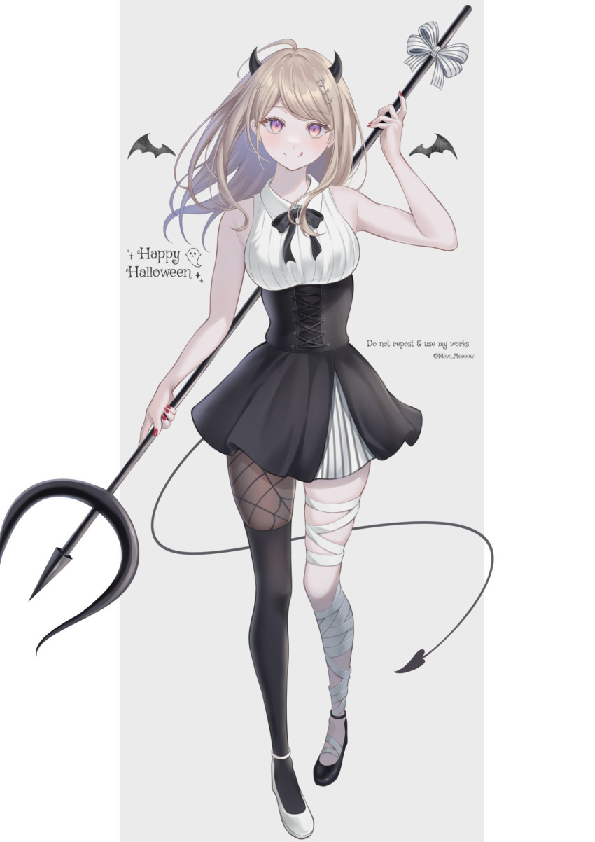 :q ahoge akamatsu_kaede alternate_costume asymmetrical_footwear bandaged_leg bandages bangs banned_artist bare_arms bare_shoulders black_dress black_footwear black_ribbon black_wings blonde_hair bow breasts brown_legwear collared_shirt danganronpa_(series) danganronpa_v3:_killing_harmony demon_horns demon_tail detached_wings dress english_text eyebrows_visible_through_hair female floating_hair full_body grey_background hair_ornament happy_halloween highres holding holding_weapon horns large_breasts long_hair long_sleeves looking_at_viewer mini_wings mismatched_footwear nabekokoa nail_polish neck_ribbon pantyhose pink_eyes polearm red_nails ribbon shiny shiny_hair shirt shoes single_leg_pantyhose single_thighhigh skindentation sleeveless smile solo striped striped_bow striped_dress symbol-only_commentary tail thighhighs thighhighs_over_pantyhose tongue tongue_out trident weapon weapon_behind_back white_background white_bow white_footwear wings