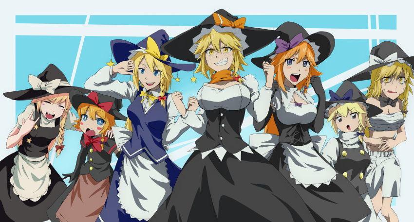 6+girls aasamu absurdres akane_(cookie) apron black_bow black_bowtie black_capelet black_eyes black_gloves black_headwear black_skirt black_vest blonde_hair bloomers blue_bow blue_eyes blue_headwear blue_skirt blush bow bowtie braid breasts bright_pupils buttons capelet cleavage_cutout clothing_cutout commentary_request cookie_(touhou) elbow_gloves feet_out_of_frame flat_chest frilled_apron frills gloves hair_between_eyes hairbow hands_on_own_stomach hat hat_bow highres kirisame_marisa kohaku_(cookie) large_breasts long_hair looking_at_viewer medium_breasts medium_hair meguru_(cookie) mikami_makoto multiple_girls open_mouth orange_bow orange_scarf puffy_short_sleeves puffy_sleeves purple_eyes red_bow red_bowtie ruka_(cookie) sarashi scarf shirt short_hair short_sleeves side_braid single_braid skirt sleeves_past_fingers sleeves_past_wrists small_breasts smile star_(symbol) suzu_(cookie) touhou underwear underwear_only vest waist_apron white_apron white_bow white_pupils white_shirt witch_hat yellow_bow yellow_bowtie yellow_eyes yuuhi_(cookie)