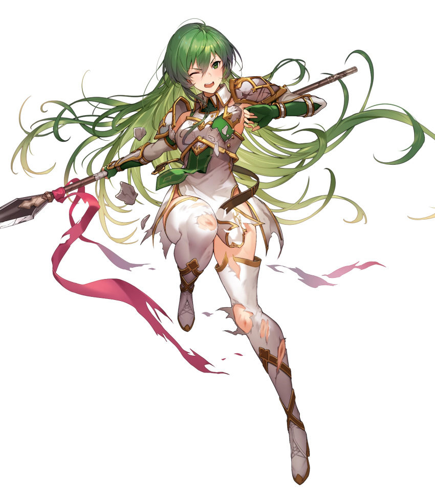 arm_guards armor belt boots breastplate broken broken_armor broken_weapon brown_belt closed_mouth dress elbow_gloves erinys_(fire_emblem) female fingerless_gloves fire_emblem fire_emblem:_genealogy_of_the_holy_war fire_emblem_heroes full_body gloves green_eyes green_gloves green_hair high_heels highres holding holding_weapon kakage leg_up long_hair non-web_source official_art one_eye_closed open_mouth polearm short_dress shoulder_armor sleeveless spear thigh_boots thighhighs thighs torn_clothes transparent_background weapon white_dress white_footwear zettai_ryouiki