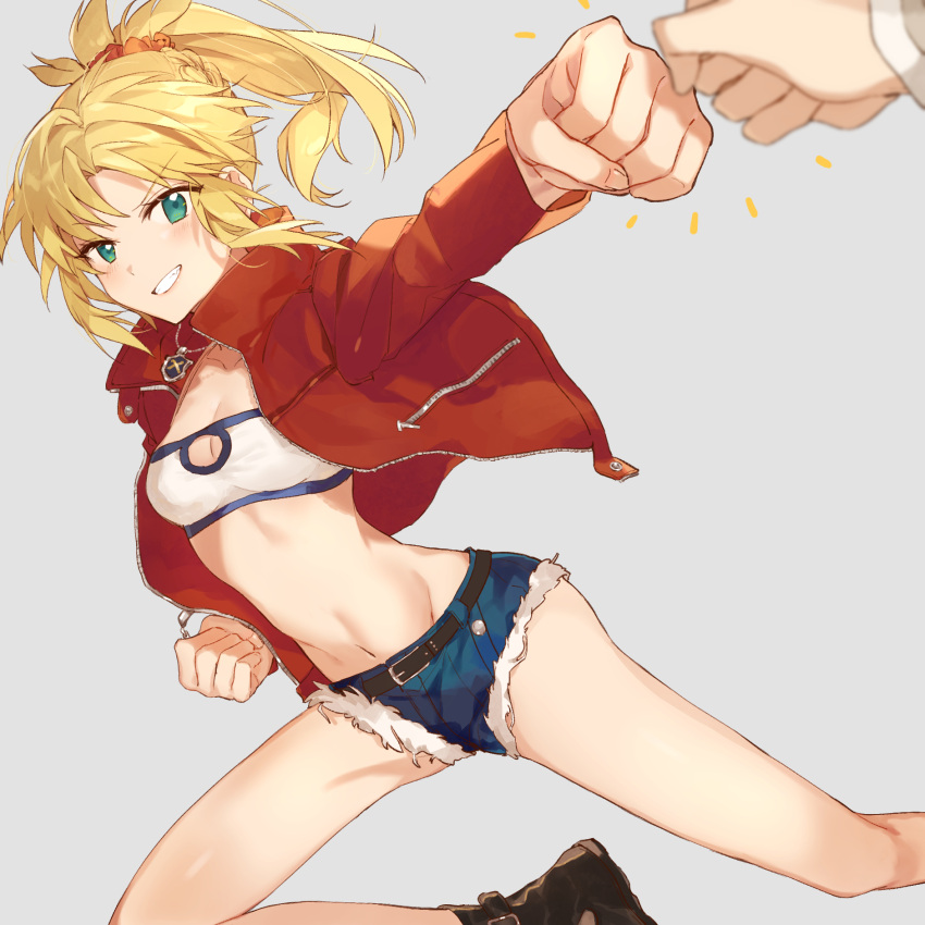 belt blonde_hair crop_top cutoffs fate/apocrypha fate_(series) female fist_bump green_eyes grey_background grin highres jacket jewelry leather leather_jacket midriff mordred_(fate) mordred_(fate/apocrypha) mordred_(memories_at_trifas)_(fate) navel necklace oerba_yun_fang ponytail popped_collar pov rizu033 short_hair shorts simple_background smile solo_focus strapless tube_top