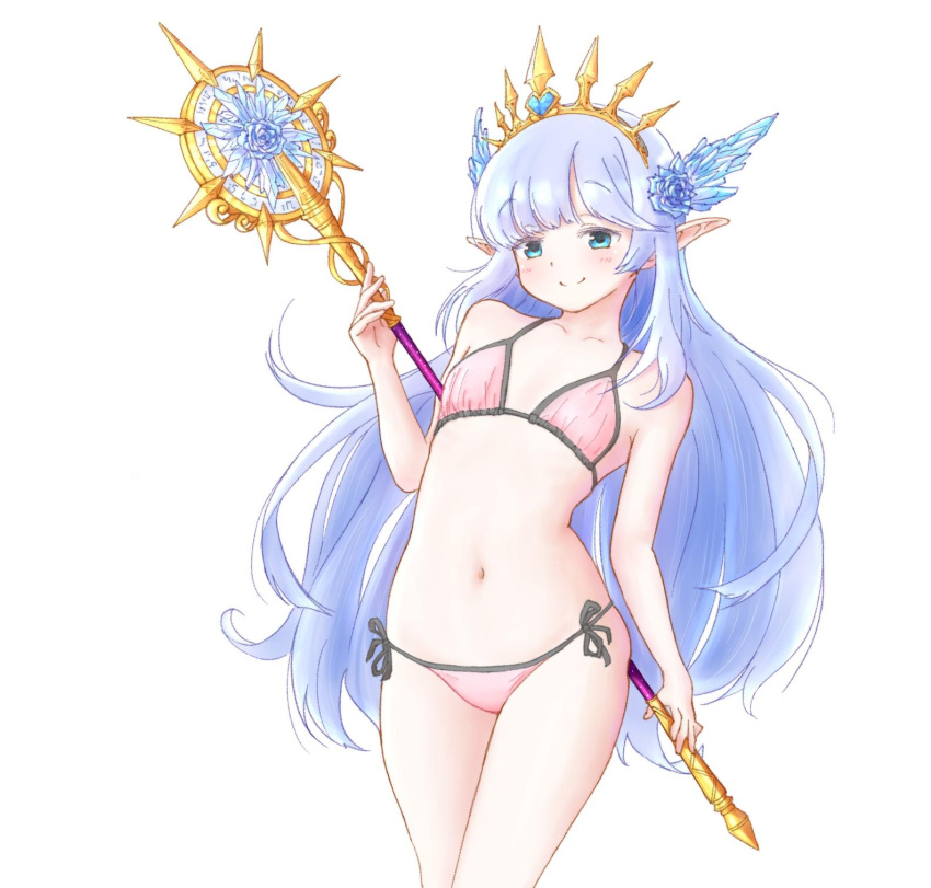 alternate_costume blue_eyes breasts dragalia_lost female granblue_fantasy hair_ornament highres holding holding_weapon lily_(granblue_fantasy) looking_at_viewer navel pointy_ears shirokuma_(shirokuma416) simple_background small_breasts swimsuit upper_body weapon white_background