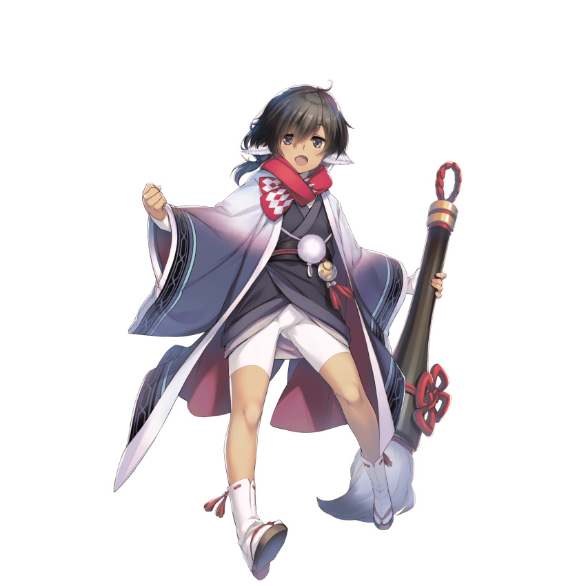 bike_shorts black_eyes black_hair brush dark_skin female full_body giant_brush highres japanese_clothes kawata_hisashi kuuran_(utawarerumono) open_mouth red_scarf sandals scarf socks solo tabi transparent_background utawarerumono utawarerumono:_lost_flag white_socks wide_sleeves