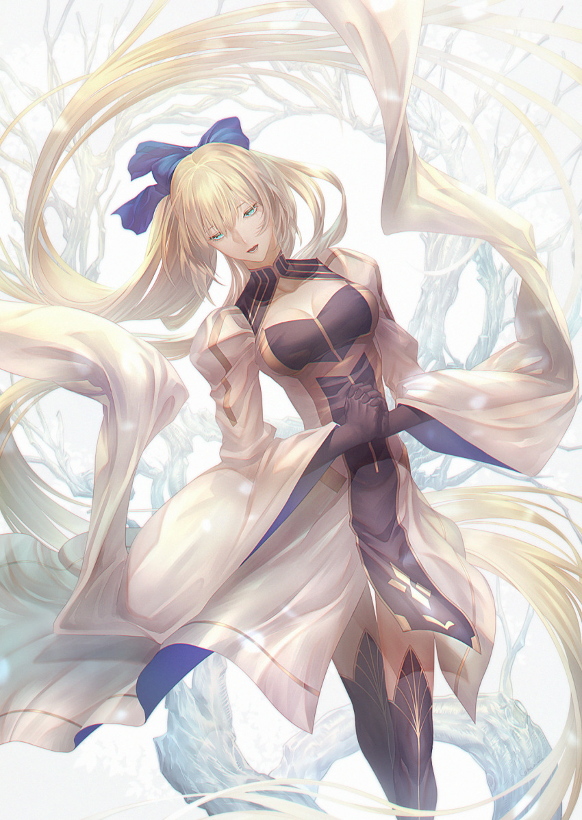 absurdly_long_hair artoria_caster_(fate) artoria_caster_(third_ascension)_(fate) artoria_pendragon_(fate) blonde_hair blue_eyes coma2 fate/grand_order fate_(series) female green_eyes highres long_hair simple_background solo very_long_hair white_background