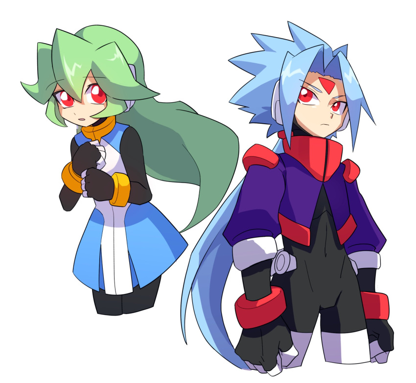 1boy blue_hair brother_and_sister clenched_hands female green_hair highres long_hair mega_man_(series) mega_man_zx no_headwear omeehayo pandora_(mega_man) prometheus_(mega_man) red_eyes short_hair siblings simple_background white_background