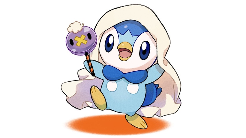 blanket blue_eyes commentary_request halloween holding leg_up no_humans official_art open_mouth piplup pokemon pokemon_(creature) project_pochama smile solo standing standing_on_one_leg tongue white_background