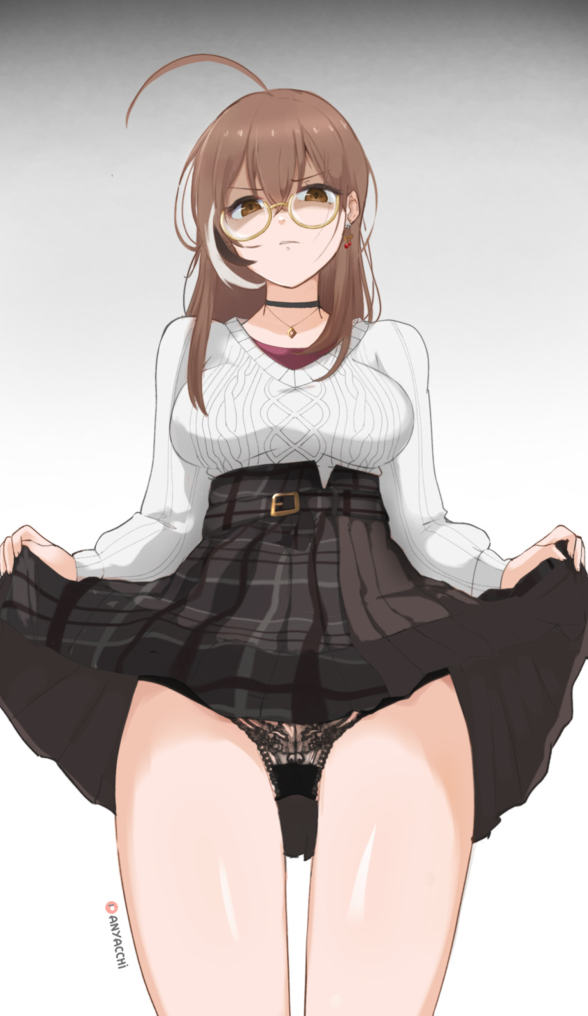 absurdres ahoge anyacchi artist_name black_choker black_hair black_panties breasts brown_eyes brown_skirt choker clothes_lift disgust earrings english_commentary female glasses highres hololive hololive_english iya_na_kao_sare_nagara_opantsu_misete_moraitai jewelry lace lace_panties lifting_own_clothes long_hair medium_breasts multicolored_hair nanashi_mumei nanashi_mumei_(casual) panties patreon_logo patreon_username plaid plaid_skirt single_earring skirt skirt_lift solo streaked_hair sweater underwear virtual_youtuber white_hair white_sweater yellow-framed_eyewear