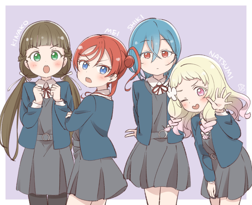 4girls absurdres blonde_hair blue_eyes blue_hair blue_jacket blunt_bangs blush braid brown_hair character_name dress english_text gradient_hair green_eyes grey_dress hair_bun highres jacket long_hair looking_at_viewer love_live! love_live!_superstar!! low_twintails multicolored_hair multiple_girls muramoh neck_ribbon one_eye_closed onitsuka_natsumi open_clothes open_jacket pinafore_dress pink_eyes pink_hair red_eyes red_hair red_ribbon ribbon sakurakoji_kinako school_uniform short_hair single_hair_bun sleeveless sleeveless_dress smile twin_braids twintails wakana_shiki yoneme_mei yuigaoka_school_uniform