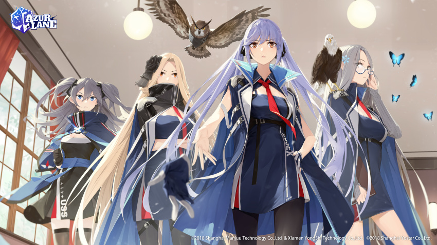 4girls absurdres azur_lane bird blonde_hair blue_eyes blue_hair brown_eyes bug bunker_hill_(azur_lane) butterfly curtains eagle essex_(azur_lane) flower glasses gloves grey_eyes grey_hair hair_flower hair_ornament highres interior intrepid_(azur_lane) long_hair multiple_girls necktie official_art owl red_necktie second-party_source shangri-la_(azur_lane) somehira_katsu twintails unworn_gloves window