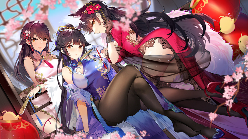 animal_ears anthro atago_(azur_lane) azur_lane chinese_clothes chinese_dress choukai_(azur_lane) dress fan hatoyama_itsuru long_hair manjuu_(azur_lane) pantyhose takao_(azur_lane)