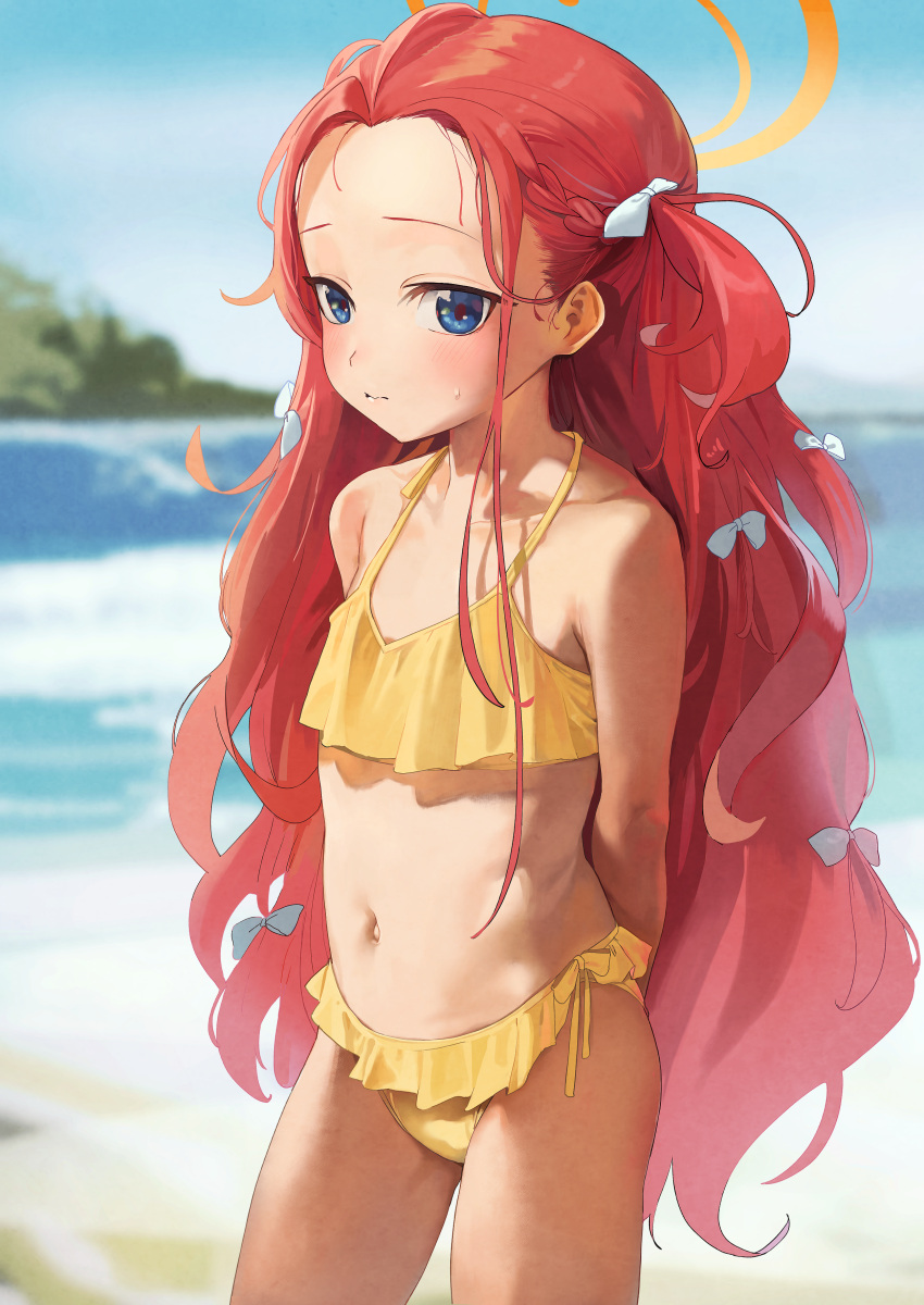 absurdres alternate_costume arms_behind_back bikini blue_archive blue_eyes blurry blurry_background blush breasts closed_mouth collarbone commentary_request day depth_of_field dorontabi female flat_chest forehead frilled_bikini frills hair_ribbon halo highres legs_apart long_hair looking_at_viewer navel outdoors red_hair ribbon side-tie_bikini small_breasts solo standing swimsuit very_long_hair water white_ribbon yellow_bikini yuzu_(blue_archive)