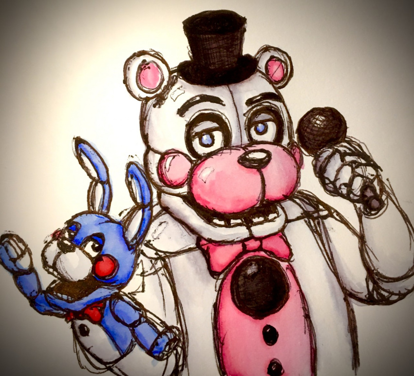 animatronic anthro bear blue_body bow_tie clothing electronics five_nights_at_freddy's funtime_freddy_(fnafsl) hat headgear headwear looking_at_viewer machine male mammal microphone pink_body puppet_bonnie_(fnafsl) robot scottgames sheered_molly sister_location solo top_hat white_body