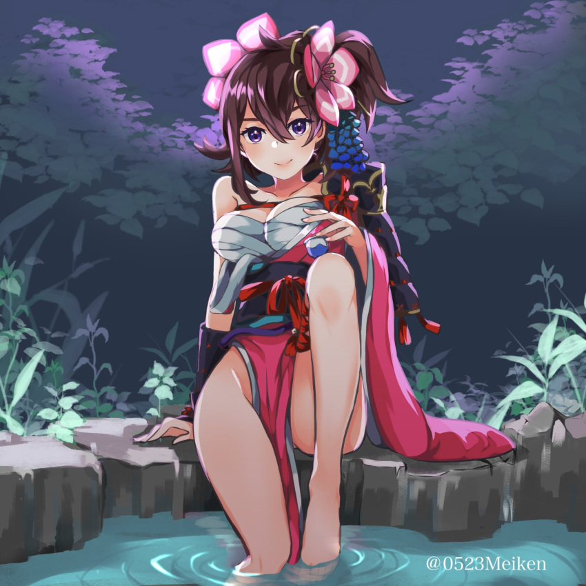 bare_shoulders breasts brown_eyes brown_hair closed_mouth dragalia_lost feet_out_of_frame female flower fundoshi hair_flower hair_ornament highres japanese_clothes large_breasts long_hair looking_at_viewer night night_sky po_pooch sitting sky soaking_feet yachiyo_(dragalia_lost)