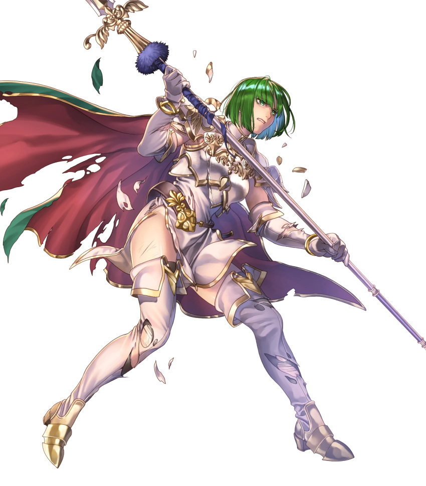 armor belt black_thighhighs boots breastplate broken_armor cape clenched_teeth dithorba_(fire_emblem) dress elbow_gloves female fire_emblem fire_emblem:_genealogy_of_the_holy_war fire_emblem_heroes full_body gloves gold_trim green_eyes green_hair high_heels highres holding holding_weapon looking_away non-web_source official_art parted_lips polearm shiny_skin short_dress short_hair shoulder_armor sleeveless solo spear teeth thigh_boots thighhighs thighs torn_cape torn_clothes transparent_background turtleneck weapon white_dress white_footwear white_gloves yoneko_okome zettai_ryouiki