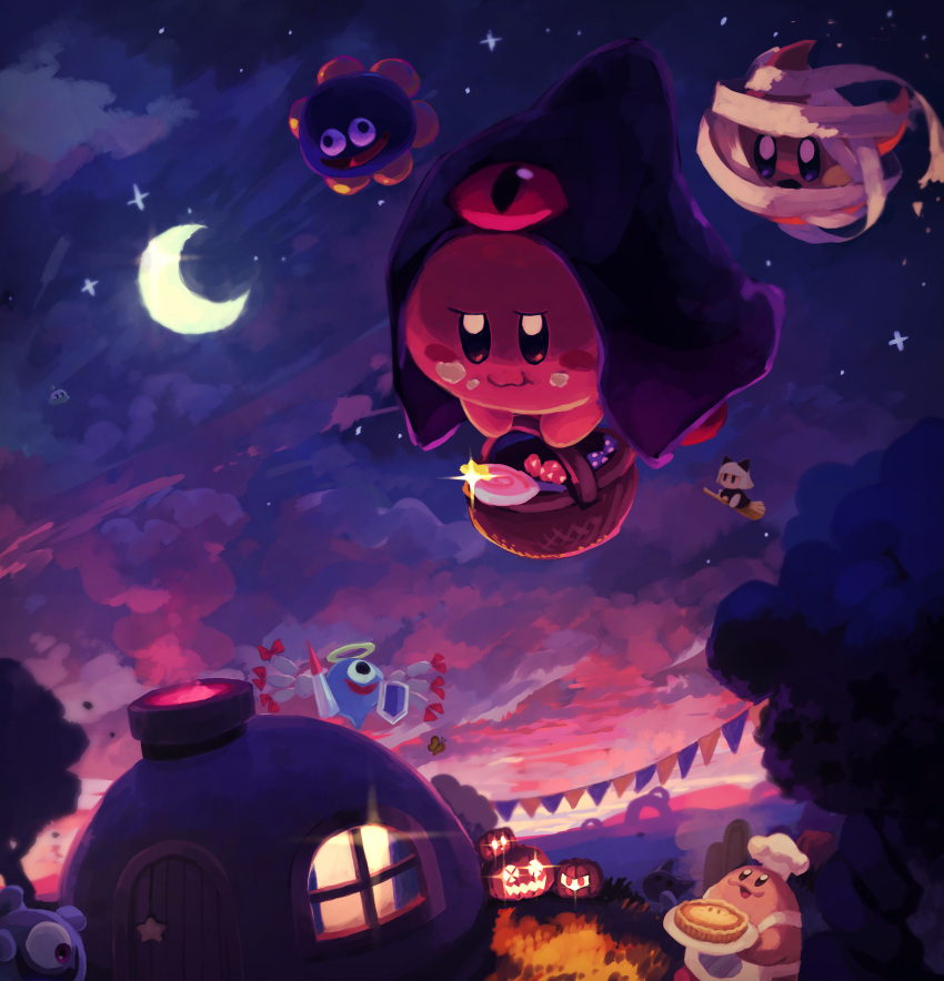 absurdres apron bandages basket broom broom_riding bug butterfly cameo candy chef_hat chef_kawasaki cloud cloudy_sky cosplay crescent_moon dark_nebula dark_nebula_(cosplay) flag flying food forest ghost_knight_(kirby) gooey_(kirby) halloween hat hataraku_ufo highres hood hoodie house invincible_candy jobski keke_(kirby) kirby kirby's_house kirby_(series) light looking_at_viewer meta_knight moon nature outdoors pie pumpkin scarfy scenery sky smirk smoke spookstep squashini star_(sky) starry_sky sunset suyasuyabi window zero_two_(kirby) zero_two_(kirby)_(cosplay)