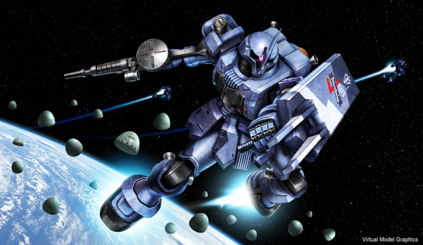 clenched_hand gun gundam gundam_ms_igloo gunpla holding holding_gun holding_shield holding_weapon mecha model_kit no_humans one-eyed photo_background photoshop_(medium) robot shield solo_focus vmg_hide weapon zeon zudah