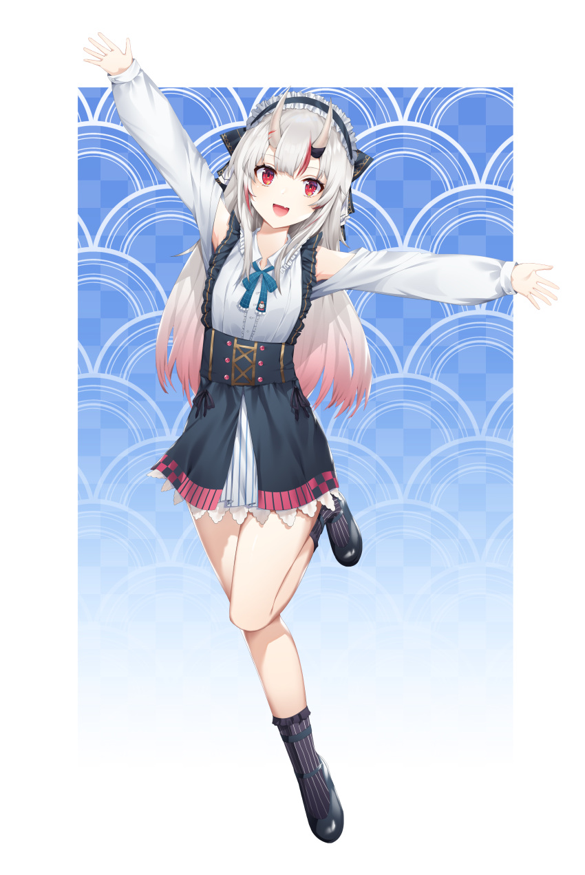 ;d \o/ absurdres anixzn arms_up bad_id bad_pixiv_id black_footwear blue_bow border bow clothing_cutout clothing_request collaboration corset female frilled_hairband frilled_shirt_collar frills full_body gradient_hair grey_hair hairband hairbow highres hololive horns leg_up long_hair long_sleeves mary_janes multicolored_hair nakiri_ayame nakiri_ayame_(girly) oerba_yun_fang official_alternate_costume one_eye_closed oni open_mouth outside_border outstretched_arms patterned_background red_eyes red_hair shinidei shirt shoes shoulder_cutout skin-covered_horns smile socks solo streaked_hair striped_clothes striped_socks underbust vertical-striped_clothes vertical-striped_socks virtual_youtuber white_border white_hair white_shirt