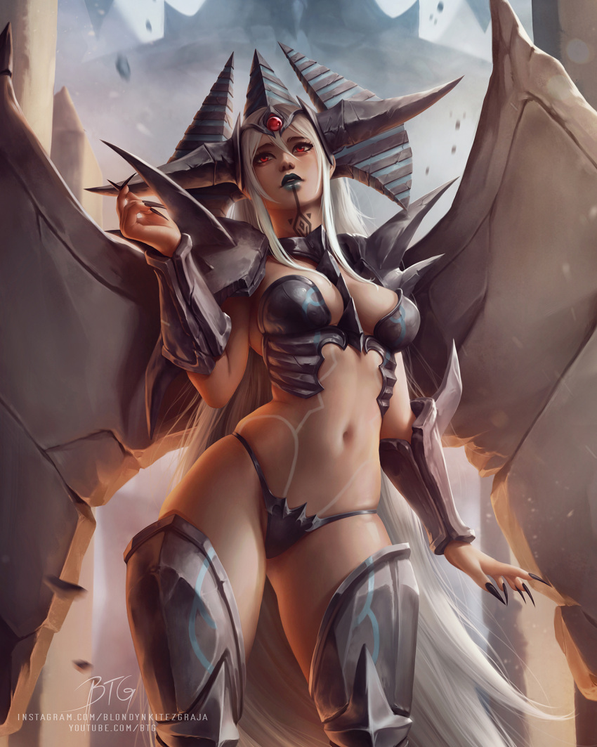 armor artist_name between_breasts bikini_armor black_panties blondynkitezgraja breasts commentary duel_monster female fingernails highres instagram_username leg_armor long_fingernails long_hair medium_breasts navel obelisk_the_tormentor panties personification procreate_(medium) red_eyes shoulder_armor spiked_armor thighs underwear very_long_hair watermark web_address white_hair youtube_username yu-gi-oh!