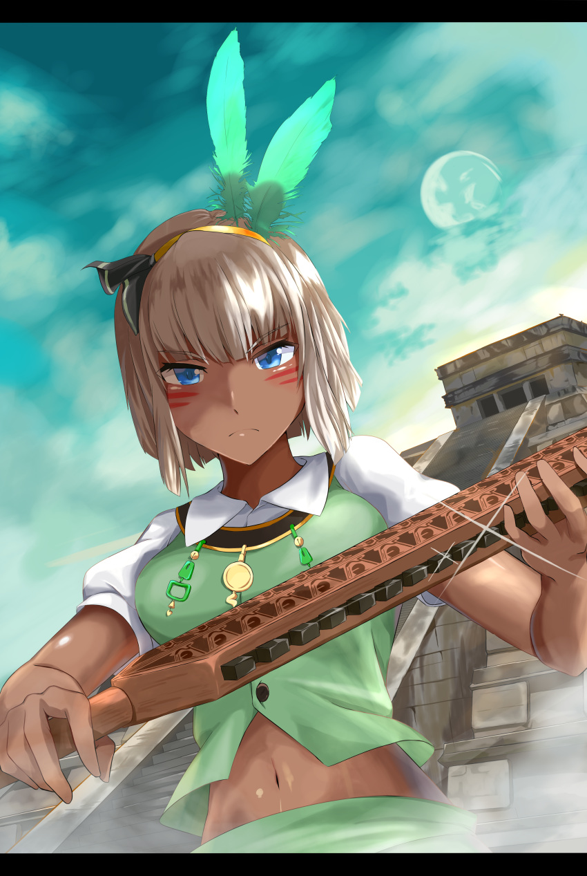 aasamu absurdres architecture asatsuki_(cookie) aztec black_ribbon blue_eyes blue_sky breasts buttons closed_mouth collared_shirt commentary_request cookie_(touhou) dark-skinned_female dark_skin day expressionless facepaint feather_hair_ornament feathers female full_moon glint gold_hairband green_skirt green_vest grey_hair hair_ornament hair_ribbon hairband highres holding holding_sword holding_weapon konpaku_youmu letterboxed looking_at_viewer macuahuitl medium_breasts midriff moon navel pre-columbian_architecture ribbon shirt short_hair skirt sky solo sword temple touhou upper_body vest weapon white_shirt