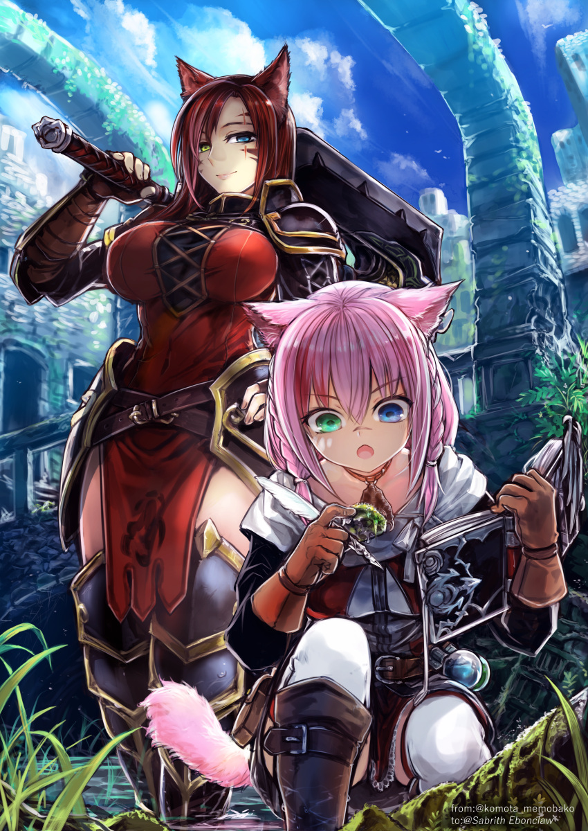 2girls absurdres animal_ears arch armor blue_eyes blue_sky boots breasts brown_footwear cat_ears cat_tail closed_mouth commission day dress facial_mark final_fantasy final_fantasy_xiv greaves green_eyes heterochromia highres holding holding_weapon komota_(kanyou_shoujo) large_breasts looking_at_viewer miqo'te multiple_girls open_mouth original outdoors pelvic_curtain pink_hair red_dress red_hair ruins sabrith_ebonclaw scar scar_across_eye skeb_commission sky smile squatting tail tayelle_ebonclaw thighhighs warrior_of_light_(ff14) weapon whisker_markings white_legwear wide-eyed