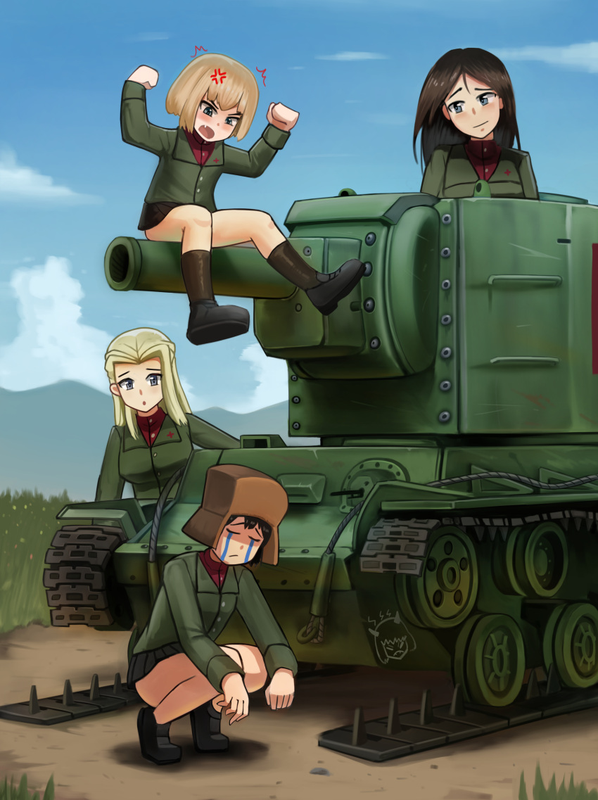 4girls :o absurdres anger_vein angry black_footwear black_skirt black_socks blue_sky brown_headwear chance8000 chinese_commentary clara_(girls_und_panzer) closed_eyes closed_mouth cloud cloudy_sky commentary day frown fur_hat girls_und_panzer grass green_jacket hat highres jacket katyusha_(girls_und_panzer) kv-2 loafers long_hair long_sleeves looking_at_another military military_vehicle miniskirt motor_vehicle multiple_girls nina_(girls_und_panzer) nonna_(girls_und_panzer) oerba_yun_fang open_mouth outdoors pleated_skirt pravda_school_uniform raised_fists red_shirt school_uniform shadow shirt shoes short_hair sitting skirt sky smile socks squatting standing t_t tank turtleneck ushanka