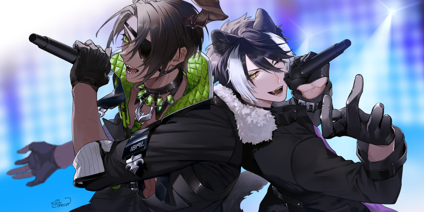 2boys ;d abs animal_ears aragami_oga back-to-back black_collar black_gloves black_hair black_jacket black_shirt collar commentary dark-skinned_male dark_skin eyepatch fangs fur-trimmed_jacket fur_trim gem gloves green_eyes green_gemstone green_necktie hair_between_eyes half_gloves hand_up highres holding holding_microphone holostars horns jackal_boy jackal_ears jackal_tail jacket kageyama_shien looking_at_viewer mafia_(holostars) male_focus microphone moneko multicolored_hair multiple_boys music necktie one_eye_closed open_clothes open_mouth open_shirt padded_shirt partially_fingerless_gloves sharp_teeth shirt short_hair signature silver_trim singing single_horn smile stage_lights stole teeth two-tone_hair upper_body v-shaped_eyebrows virtual_youtuber white_hair yellow_eyes