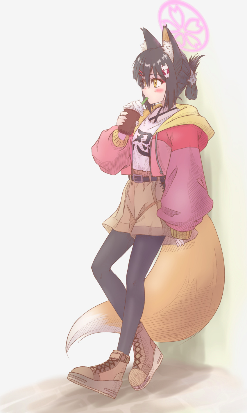 absurdres alternate_costume alternate_hairstyle animal_ear_fluff animal_ears belt black_belt black_hair black_pantyhose blue_archive blush boots brown_footwear brown_shorts casual cropped_jacket cup drinking_straw drinking_straw_in_mouth eyeshadow female fox_ears fox_girl fox_hair_ornament fox_tail from_side full_body hair_ornament hairclip halo highres holding holding_cup hood hooded_jacket izuna_(blue_archive) jacket long_sleeves looking_to_the_side makeup pantyhose pink_eyeshadow pink_halo pink_jacket puffy_sleeves shirt shirt_tucked_in shorts simple_background solo tail thighs tomonx whipped_cream white_background white_shirt yellow_eyes