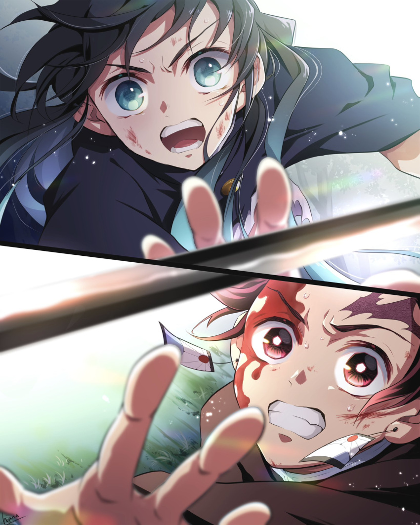 2boys aqua_eyes aqua_hair black_hair blood blood_on_face blurry catching clenched_teeth day demon_slayer_uniform depth_of_field earrings hana_ni_nare hanafuda_earrings highres injury jewelry kamado_tanjirou katana kimetsu_no_yaiba light_particles long_hair long_sleeves male_focus multicolored_hair multiple_boys open_mouth outstretched_arm outstretched_arms reaching reaching_towards_viewer red_eyes red_hair scar scar_on_face scar_on_forehead short_hair signature split_screen spoilers streaked_hair sunlight sword teeth tokitou_muichirou tossing weapon