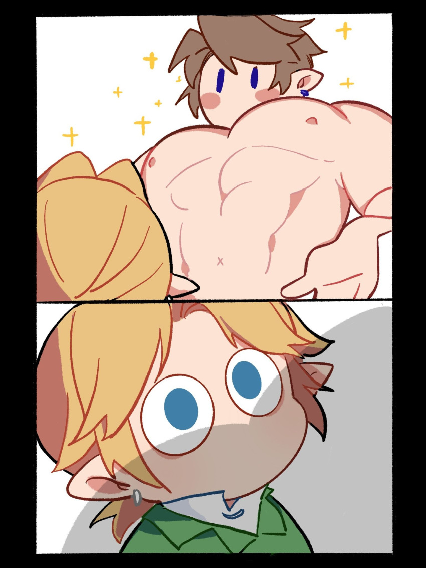 0_0 2boys arashi_(arashi999uxu) awestruck blonde_hair boob_shadow_(meme) character_request chibi from_below highres huge_pectorals large_pectorals link male_focus meme multiple_boys muscle_awe muscular muscular_male outstretched_hand pectorals sequential short_hair sibi2028_boob_shadow_(meme) solid_oval_eyes sparkling_aura the_legend_of_zelda the_legend_of_zelda:_ocarina_of_time the_legend_of_zelda:_twilight_princess upper_body x_navel yaoi