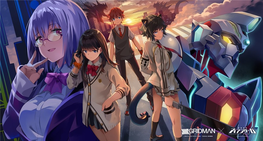 1boy 3girls animal_ears black_hair blue_eyes cat_ears character_request copyright_name crossover cyborg gridman_(ssss) gridman_universe hibiki_yuuta hitomi_(iron_saga) holding holding_sword holding_weapon iron_saga mechanical_ears mechanical_tail mole mole_under_eye multiple_girls official_art purple_eyes purple_hair red_hair robot school_uniform science_fiction second-party_source shinjou_akane ssss.gridman sword tail takarada_rikka weapon