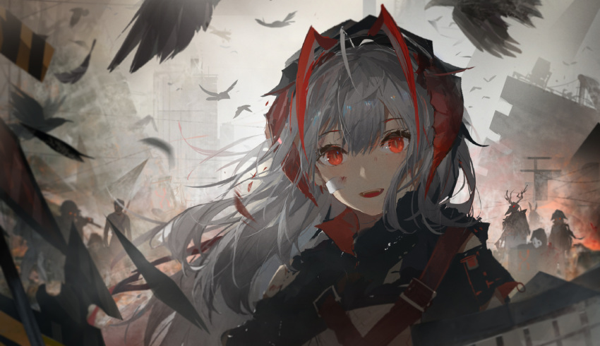 animal arknights artist_request bird cropped crownslayer_(arknights) frostnova_(arknights) horns patriot_(arknights) red_eyes tagme w_(arknights) weapon