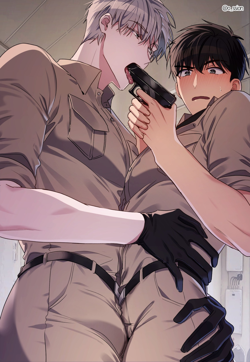 2boys absurdres bishounen black_gloves blush bulge bulge_press bulges_touching fellatio gloves gun_in_mouth highres ilay_riegrow jeong_taeui male_focus multiple_boys o_ssion open_mouth oral passion_(manhwa) saliva sexually_suggestive simulated_fellatio sweatdrop yaoi