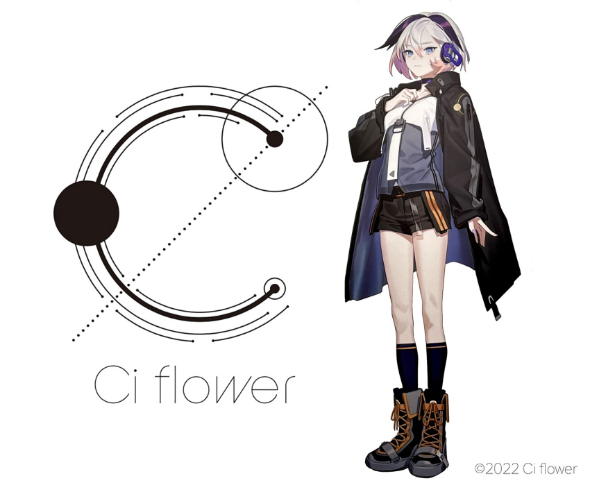 belt belt_boots black_footwear black_jacket black_shorts black_socks blue_eyes boots cevio character_name choker ci_flower collarbone commentary copyright_notice cross-laced_footwear female flower_(vocaloid) full_body grey_shirt hand_on_own_chest headphones highres jacket kneehighs lace-up_boots layered_shirt logo looking_at_viewer multicolored_hair nail_polish official_art oguchi purple_hair purple_nails shirt short_hair shorts socks solo standing streaked_hair tachi-e third-party_source tsurime vocaloid white_background white_hair