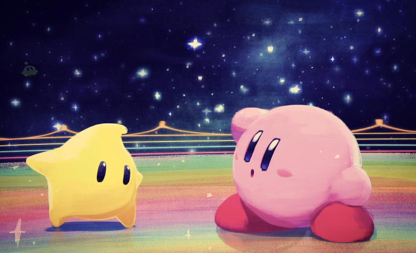 cameo derivative_work hataraku_ufo highres jobski kirby kirby_(series) looking_at_viewer luma_(mario) mario_(series) mario_kart night no_humans open_mouth rainbow_road scenery screenshot_redraw sky sparkle star_(sky) starry_sky super_mario_galaxy super_smash_bros. surprised suyasuyabi