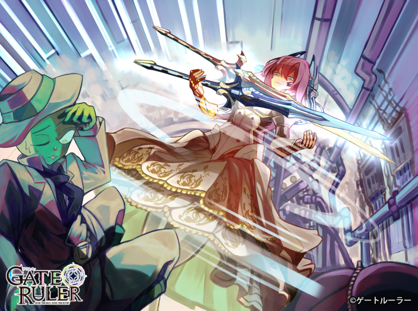 1boy alien armor black_necktie colored_skin dress fedora female formal gate_ruler green_eyes green_skin grey_headwear grey_jacket hat highres holding holding_sword holding_weapon itsuki_o jacket logo looking_down necktie official_art one_eye_closed purple_hair shaded_face smile suit sword weapon