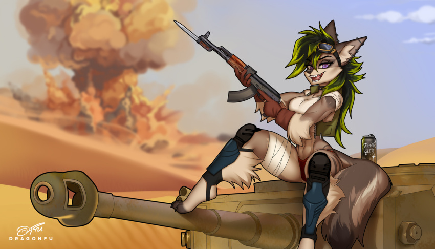 2023 7:4 abs ak-47 ak_platform alcohol anthro assault_rifle bandage bandaged_leg bayonet beer beverage beverage_can canid canine canis dragonfu ear_piercing ear_ring explosion eyewear eyewear_on_head female fluffy fluffy_tail goggles goggles_on_head green_hair gun hair industrial_piercing jackal knee_pads knife long_hair looking_at_viewer mammal navel open_mouth outside panthera_(elusivejackal) panzer panzerkampfwagen_(tank) panzerkampfwagen_vi_(tank) piercing purple_eyes ranged_weapon rifle ring_piercing sitting solo tail tank trigger_discipline vehicle weapon