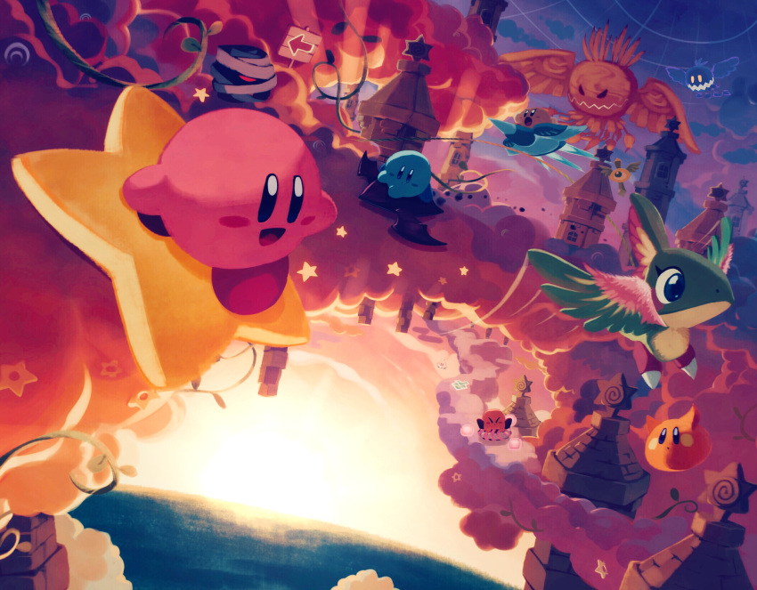 bandages building cloud creature doomer_(kirby) driving flappy_(kirby) grand_doomer greater_doomer happy highres kirby kirby's_return_to_dream_land kirby_(series) kirby_air_ride monster mumbies_(kirby) open_mouth outdoors plant revision riding scarfy scenery shadow_star sign sky slick_star smile sodory star_(symbol) sunset suyasuyabi ufo_(kirby) vines warp_star wing_star