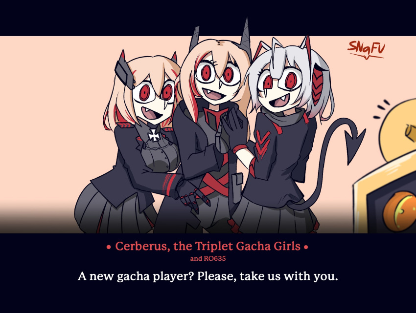 3girls arknights azur_lane bad_id bad_twitter_id banana_(girls'_frontline) cerberus_(helltaker) commentary creator_connection crossover english_commentary fake_screenshot girls'_frontline hair_between_eyes headgear helltaker highres jacket long_hair m4_sopmod_ii_(girls'_frontline) m4_sopmod_ii_(mod3)_(girls'_frontline) multicolored_hair multiple_crossover multiple_girls non-humanoid_robot open_mouth parody pink_hair red_eyes red_hair robot roon_(azur_lane) smile snafu_(snafy_snu) streaked_hair style_parody tail vanripper_(style) visual_novel w_(arknights)