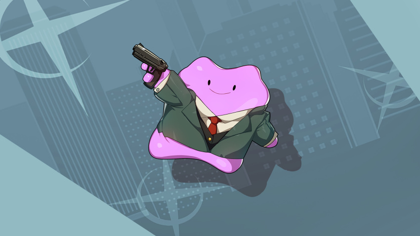 16:9 2022 ambiguous_gender bottomless clothed clothing ditto_(pokemon) drunk_oak generation_1_pokemon grey_clothing grey_topwear gun hi_res holding_gun holding_object holding_ranged_weapon holding_weapon loid_forger necktie nintendo not_furry pink_body pokemon pokemon_(species) ranged_weapon red_necktie smile solo spy_x_family suit topwear weapon widescreen