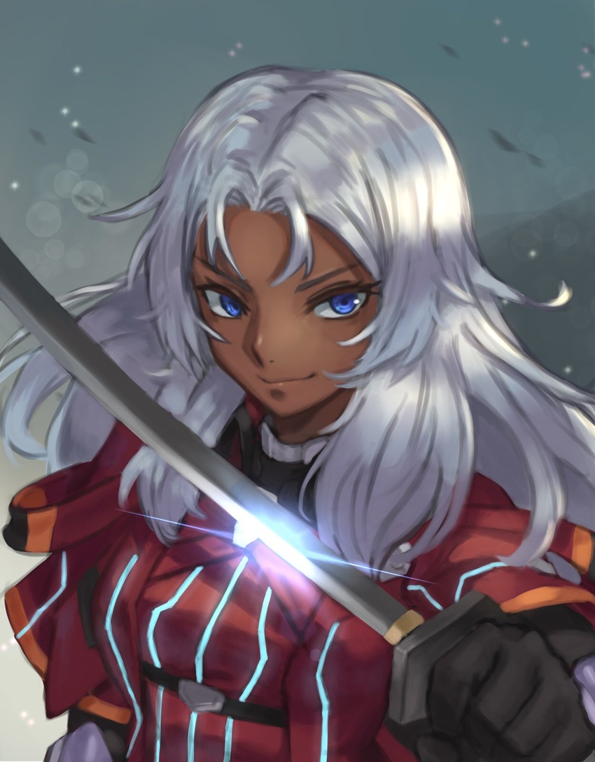 black_gloves blue_eyes breasts dark-skinned_female dark_skin elma_(xenoblade_x) female glint gloves highres holding holding_sword holding_weapon long_hair medium_breasts nimbaasu solo sword upper_body weapon white_hair xenoblade_chronicles_(series) xenoblade_chronicles_x