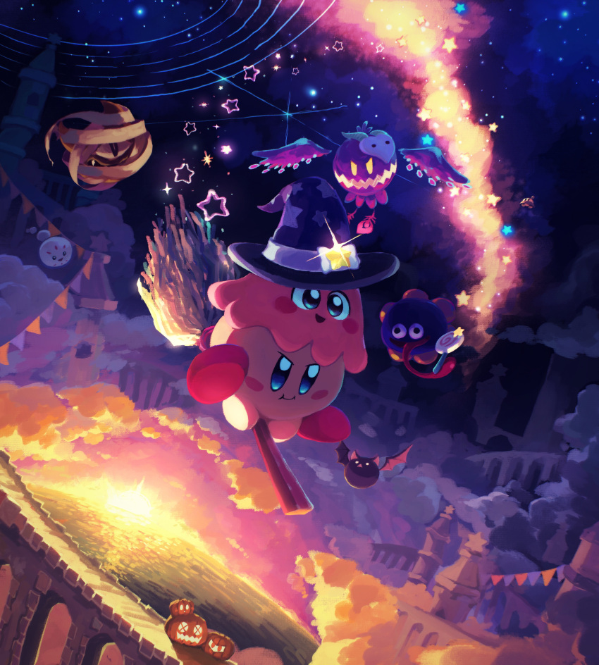 absurdres babut bandages bridge broom broom_riding candy castle chuchu_(kirby) cloud cloudy_sky cosplay cosplay_request doomer_(kirby) flag flying food gooey_(kirby) halloween happy hat hataraku_ufo highres invincible_candy jack-o'-lantern jobski kirby kirby_(series) lollipop meta_knight monster mopoo_(kirby) mumbies_(kirby) mumbies_(kirby)_(cosplay) night night_sky open_mouth outdoors pumpkin scarfy scenery sky smile squashini star_(sky) star_(symbol) starry_sky sunset suyasuyabi tongue tongue_out void_termina void_termina_(cosplay) witch_hat zero_(kirby) zero_(kirby)_(cosplay)