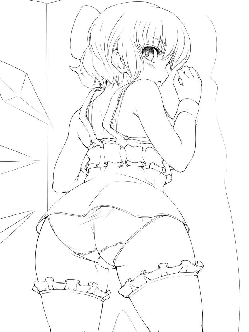 ass bow cirno commentary_request detached_wings dress female frilled_thighhighs frills from_behind greyscale hairbow haseru_(ginku_mh) highres ice ice_wings looking_at_viewer looking_back monochrome panties short_hair solo thighhighs touhou underwear wings