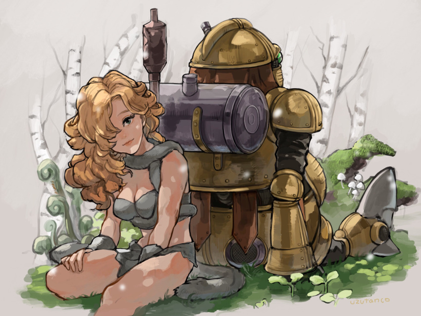 1other arms_behind_back ayla_(chrono_trigger) bare_shoulders blonde_hair breasts cavewoman chrono_trigger cleavage closed_mouth commentary curly_hair facing_away fake_tail female from_behind green_eyes hair_over_one_eye hand_warmer highres long_hair looking_at_viewer medium_breasts mushroom outdoors plant robo_(chrono_trigger) robot scarf shiny_skin sitting skirt tail thighs tree uzutanco