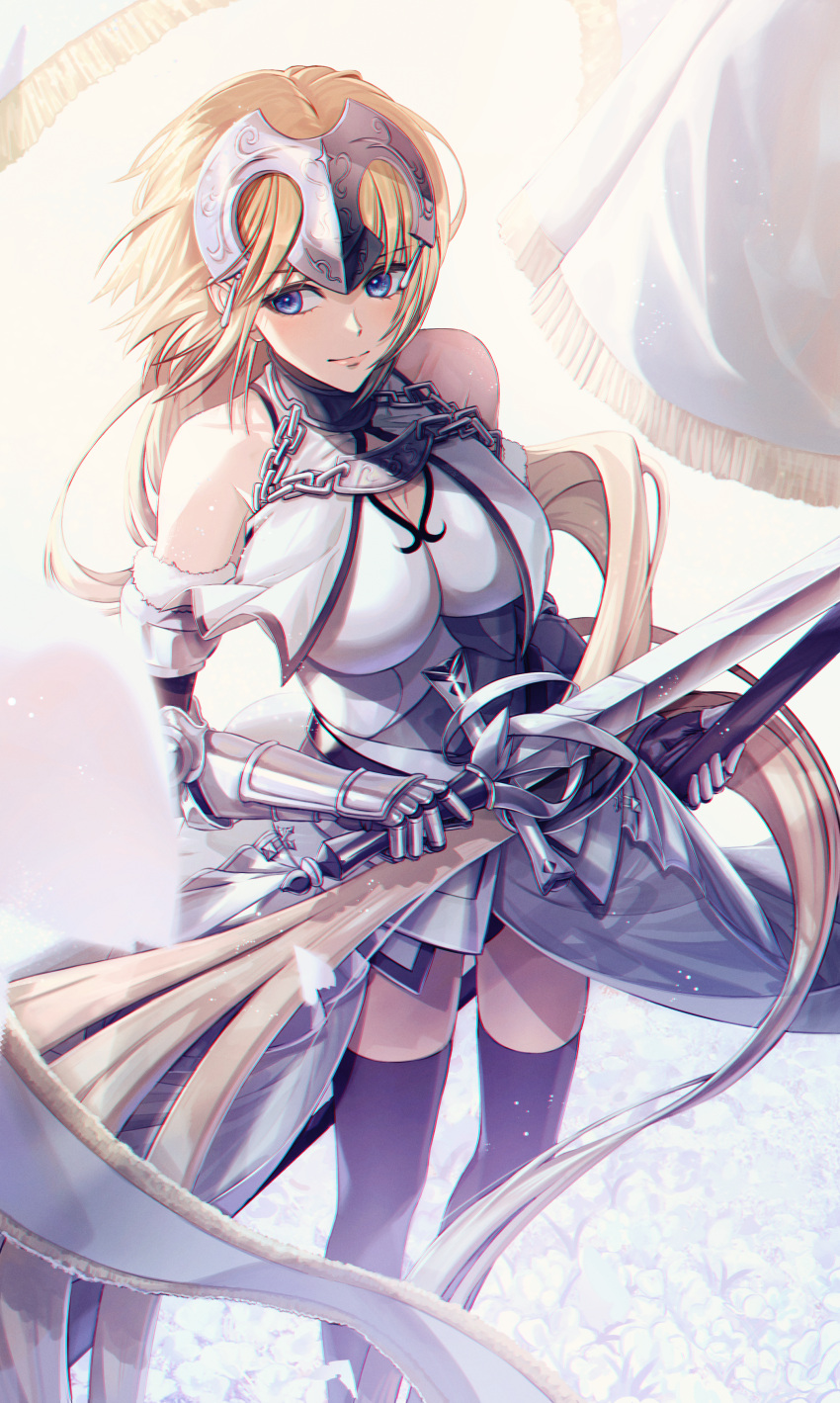 absurdres armor armored_dress banner battle_standard black_thighhighs blonde_hair blue_eyes breast_curtains breasts chains cuirass dann32 detached_sleeves fate/apocrypha fate/grand_order fate_(series) female field flag flower flower_field from_above gauntlets headpiece highres holding holding_flag holding_sword holding_weapon jeanne_d'arc_(fate) jeanne_d'arc_(third_ascension)_(fate) long_hair looking_to_the_side smile solo standing sword thighhighs war_flag weapon white_armor