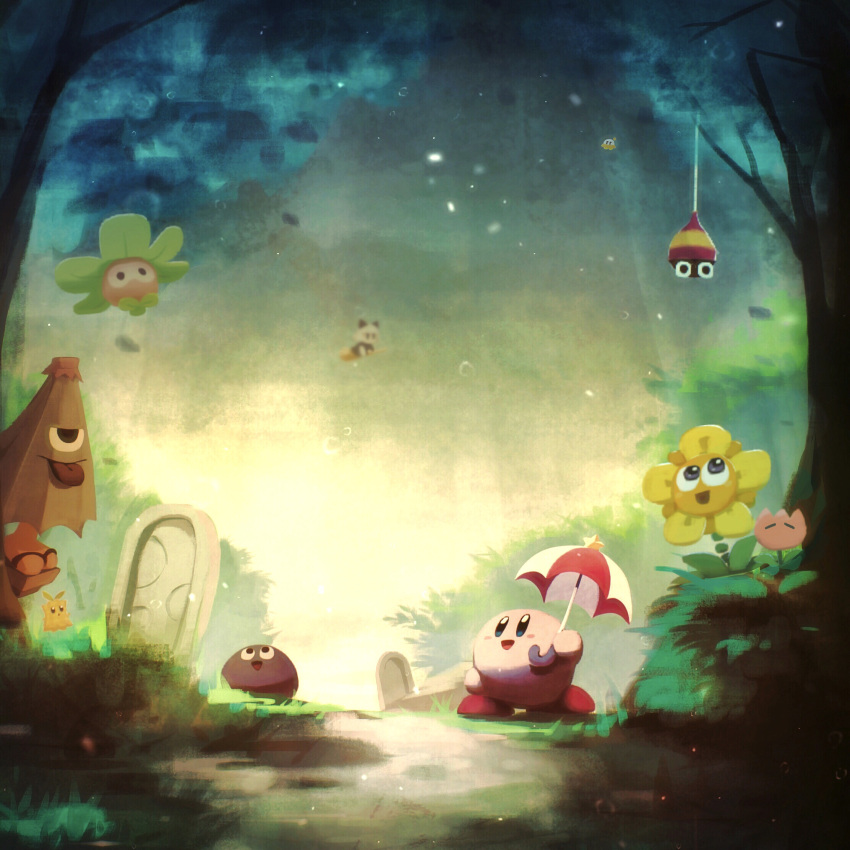 broom broom_riding copy_ability creature day flower flying gooey_(kirby) grass hataraku_ufo highres jobski jumper_shoot keke_(kirby) kirby kirby_(series) leafan lovely_(kirby) open_mouth parasol_kirby pupa_(kirby) rock scenery sky star_(symbol) stone suyasuyabi tongue tongue_out tree tulip_(kirby) umbrella whispy_woods_jr.