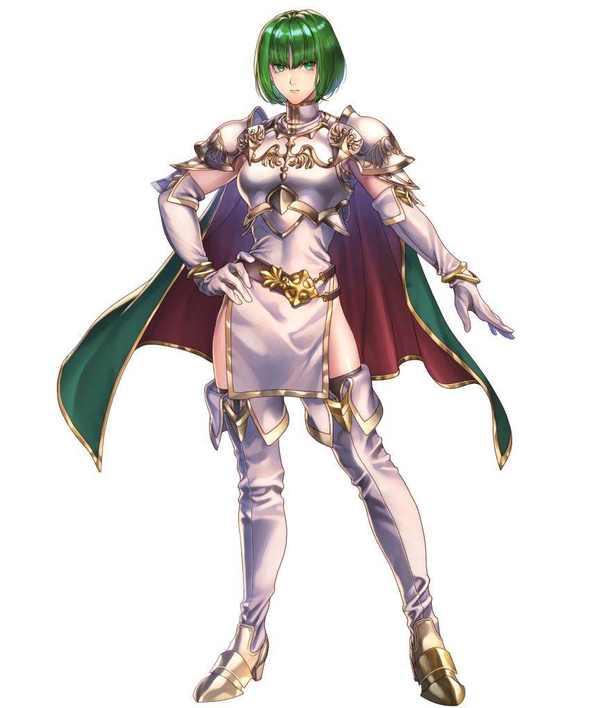 armor belt black_thighhighs boots breastplate closed_mouth dithorba_(fire_emblem) dress elbow_gloves female fire_emblem fire_emblem:_genealogy_of_the_holy_war fire_emblem_heroes full_body gloves gold_trim green_eyes green_hair hand_on_own_hip high_heels highres looking_at_viewer non-web_source official_art serious short_dress short_hair shoulder_armor sleeveless solo standing thigh_boots thighhighs thighs transparent_background turtleneck white_dress white_footwear white_gloves yoneko_okome zettai_ryouiki