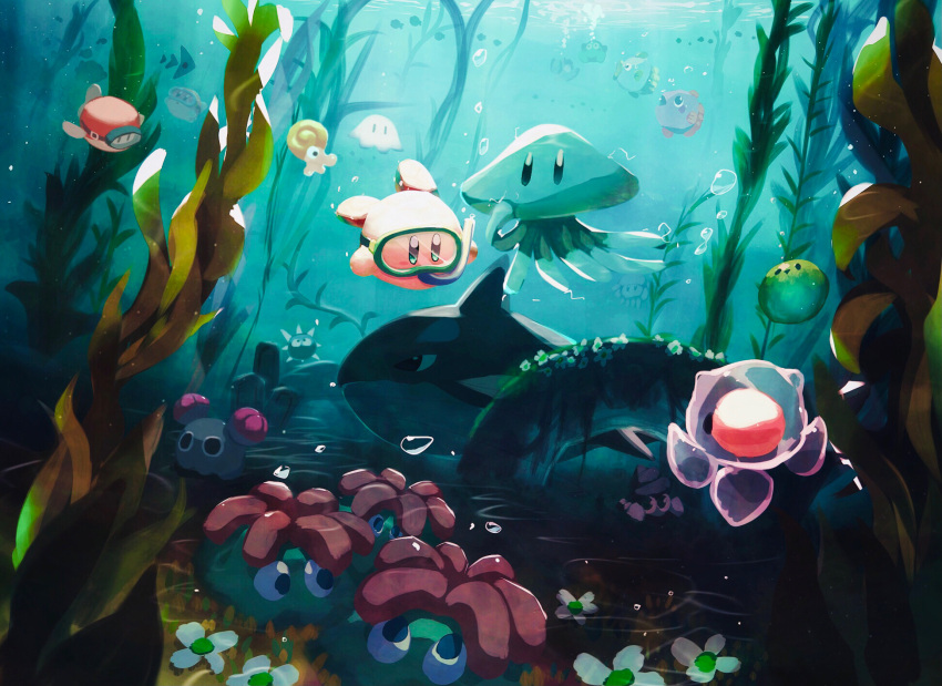 acro_(kirby) afloat asphyxiation birdon_(kirby) blipper bubble character_request coner craby_(kirby) creature day diving diving_mask drowning fish fishbone_(kirby) flower glunk_(kirby) goggles gordo grass highres jellyfish kine_(kirby) kirby kirby_(series) master_green_(kirby) mine_(kirby) mony_(kirby) no_humans ocean orca revision scenery sea_angel seaweed shark slushy_(kirby) squibby squishy_(kirby) suyasuyabi swimming tentacle underwater waddle_dee zebon